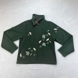 NorthCrest Holiday Lodge Fleece Jacket Women's S Green Embroidered Leaf Full Zip